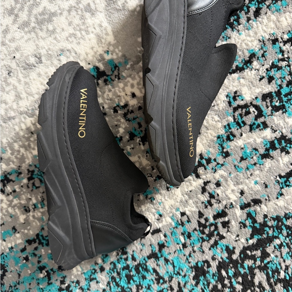 Valentino Black Slip-On Platform Sneakers with Gold Logo